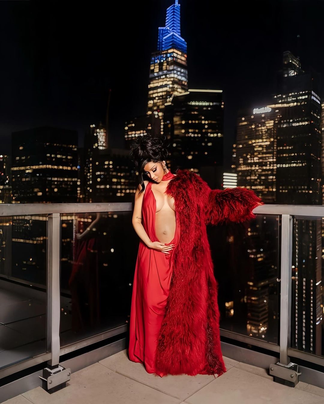 Cardi B Announces 3rd Pregnancy Wearing Red Fall 2024 Prabal Gurung Fur Coat and Gown!