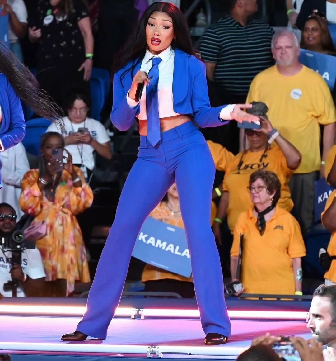 Megan Thee Stallion Performed at the Kamala Harris ATL Campaign Rally in a Custom Blue Abdul Sall Couture Suit and Tie